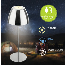 Lampe de table LED pour extérieur avec batterie et port USB, indice de protection IP44, lumière blanc chaud 2700 Kelvin et fonction variateur.