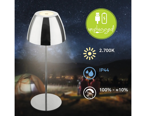 Lampe de table LED pour extérieur avec batterie et port USB, indice de protection IP44, lumière blanc chaud 2700 Kelvin et fonction variateur.
