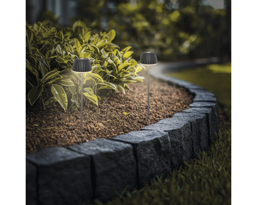 Zwei moderne LED Solarleuchten als Erdspießleuchten für die Gartenbeleuchtung in einem Blumenbeet entlang einer Steinmauer.