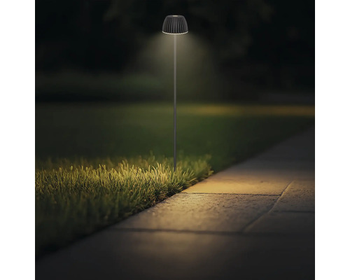 Moderne LED Außenleuchte auf einem Stab zur Gartenwegbeleuchtung bei Dunkelheit.