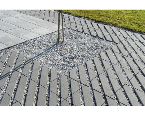Betonpflastersteine als Rasengitter verlegt mit Kiesfugen und Baumscheibe in einer Gartenanlage