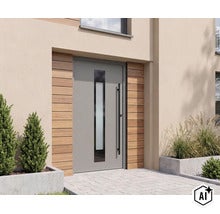 Porte d'entrée moderne avec panneau vitré vertical et revêtement en bois à l'entrée d'une maison. (Image AI modified or generated)