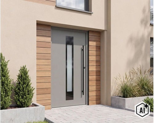 Porte d'entrée moderne avec panneau vitré vertical et revêtement en bois à l'entrée d'une maison. (Image AI modified or generated)