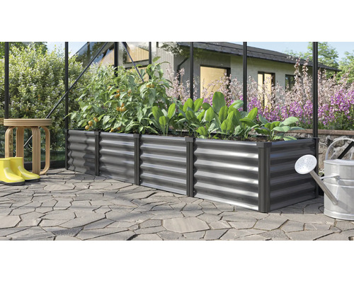 Jardinière surélevée rectangulaire en métal dans une serre, plantée de tomates et de laitue sur une terrasse pavée dans le jardin.