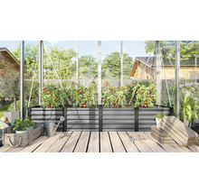 Grand carré potager en métal dans une serre avec des plants de tomates sur une terrasse en bois