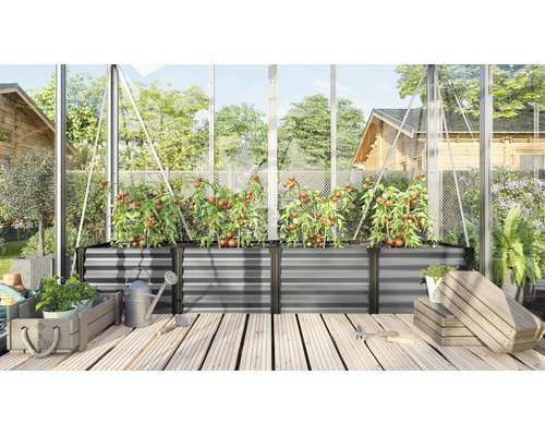 Grand carré potager en métal dans une serre avec des plants de tomates sur une terrasse en bois