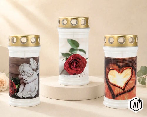 Trois bougies funéraires avec couvercle et différents motifs comme ange, rose et cœur pour la décoration de tombe. (Image AI modified or generated)
