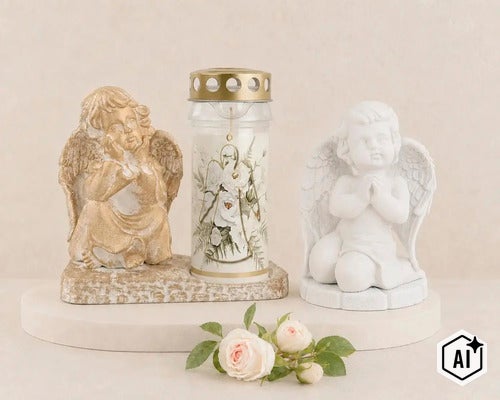 Grabschmuck Set bestehend aus zwei Engelsfiguren aus Kunststein und einer Grabkerze mit Blumenmotiv auf einem Sockel. (Image AI modified or generated)