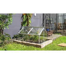 Ein kleines Frühbeet aus Glas mit Aluminiumrahmen steht auf einer Steinumrandung in einem Garten.