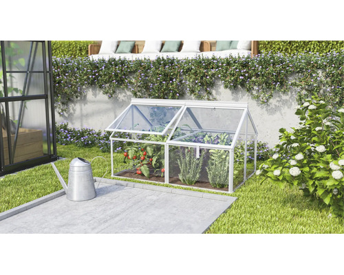 Ein kleines Frühbeet aus Aluminium und transparenten Platten steht in einem gepflegten Garten vor einer Mauer mit Pflanzen.