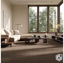 Modernes, geräumiges Wohnzimmer mit braunem Teppichboden, Ecksofa und Holztisch vor einem grossen Fenster mit Ausblick ins Grüne. (Image AI modified or generated)