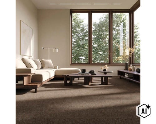 Modernes, geräumiges Wohnzimmer mit braunem Teppichboden, Ecksofa und Holztisch vor einem grossen Fenster mit Ausblick ins Grüne. (Image AI modified or generated)