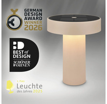 Moderne runde LED Tischleuchte mit geriffeltem Säulenfuß, ausgezeichnet mit Designpreisen.