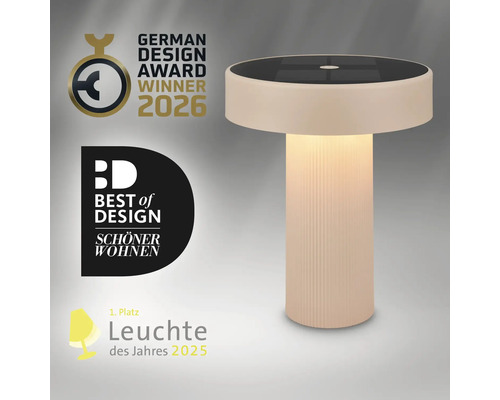 Moderne runde LED Tischleuchte mit geriffeltem Säulenfuß, ausgezeichnet mit Designpreisen.
