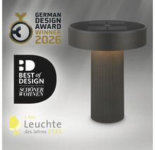 Moderne LED Tischleuchte mit Solarpaneel, ausgezeichnet mit dem German Design Award 2026 und Best of Design Preis.