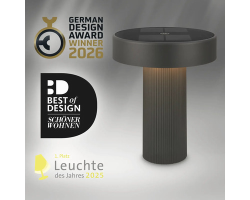 Moderne LED Tischleuchte mit Solarpaneel, ausgezeichnet mit dem German Design Award 2026 und Best of Design Preis.
