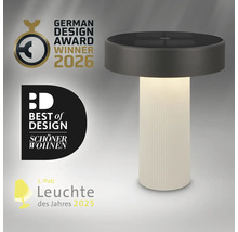 Moderne LED Tischleuchte mit geripptem Fuß und flachem Lampenkopf inklusive Auszeichnungen für Design