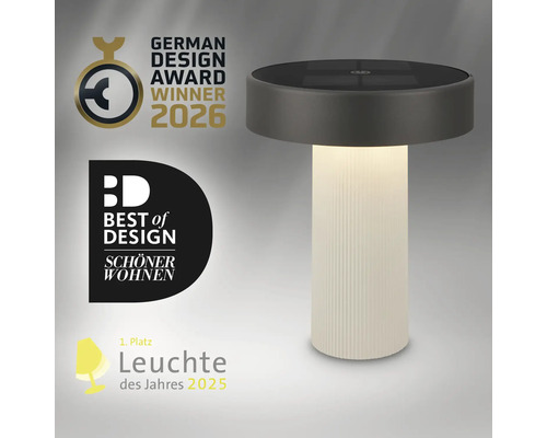 Moderne LED Tischleuchte mit geripptem Fuß und flachem Lampenkopf inklusive Auszeichnungen für Design