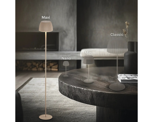 Différents modèles de lampe dans les tailles Maxi, Nano, Mini et Classic dans un salon moderne avec cheminée.