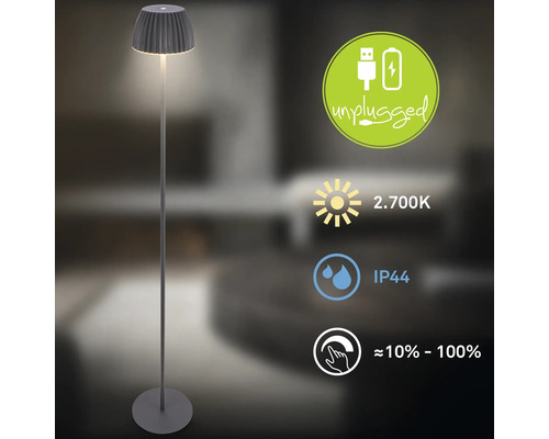 Lampadaire moderne alimenté par batterie, lumière blanc chaud 2700 Kelvin, indice de protection IP44 et fonction variateur 10 à 100 pour cent.