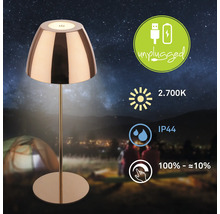 Dimmbare LED Tischleuchte mit Akkubetrieb und USB Ladeanschluss für den Außenbereich mit Schutzart IP44 und warmweißem Licht von 2700 Kelvin.