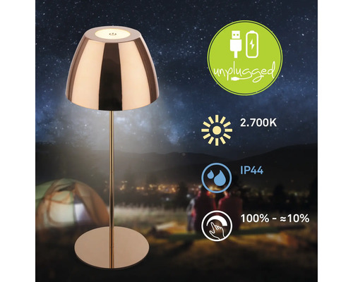 Dimmbare LED Tischleuchte mit Akkubetrieb und USB Ladeanschluss für den Außenbereich mit Schutzart IP44 und warmweißem Licht von 2700 Kelvin.