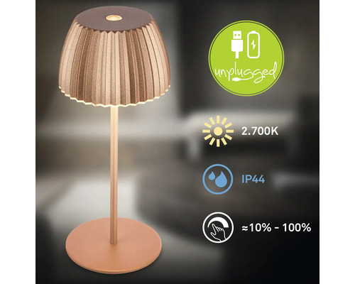 Dekorative Tischleuchte mit Akkubetrieb, 2700 Kelvin warmweißem Licht, IP44 Spritzwasserschutz und stufenloser Dimmfunktion von 10 bis 100 Prozent.