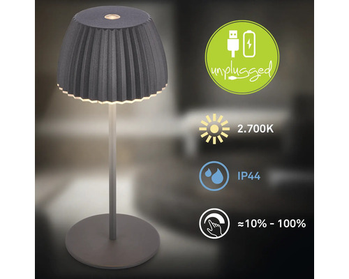 Moderne LED Akkuleuchte mit plissiertem Schirm, wiederaufladbar via USB, warmweißes Licht 2700 Kelvin, IP44 spritzwassergeschützt und dimmbar.