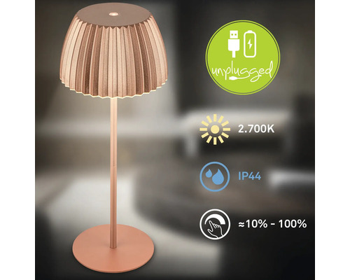 Dimmbare LED Akkutischleuchte mit plissiertem Schirm, wiederaufladbar via USB, warmweißes Licht mit 2700 Kelvin, Schutzart IP44 fuer innen und aussen