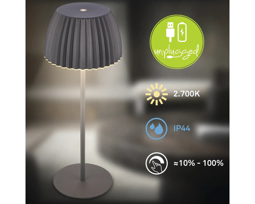 Dimmbare LED Akkutischleuchte mit plissiertem Schirm, 2700 Kelvin, Schutzart IP44 für den Innen und Außenbereich, kabellos aufladbar per USB.