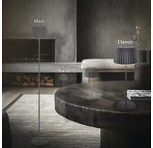 Vier verschiedene Leuchtenmodelle der Serie Maxi, Nano, Mini und Classic in einem modernen Wohnraum mit Kamin.
