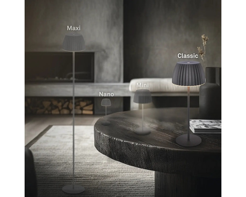 Vier verschiedene Leuchtenmodelle der Serie Maxi, Nano, Mini und Classic in einem modernen Wohnraum mit Kamin.