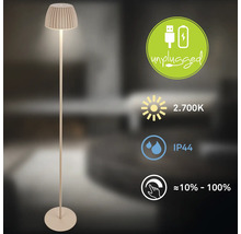 Lampadaire moderne avec batterie, lumière blanc chaud 2700 Kelvin, indice de protection IP44 et fonction variateur de 10 à 100 pour cent.