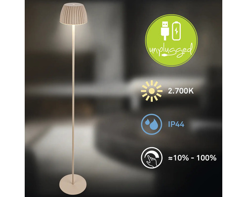 Lampadaire moderne avec batterie, lumière blanc chaud 2700 Kelvin, indice de protection IP44 et fonction variateur de 10 à 100 pour cent.