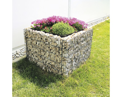 Jardinière en gabion avec des plantes dans le jardin