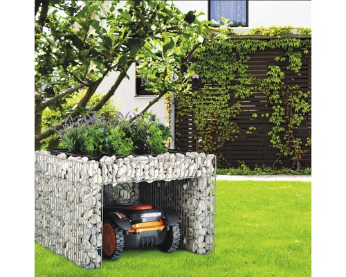 Aménagement de jardin avec abri en gabion pour robot tondeuse et plantation sur le toit