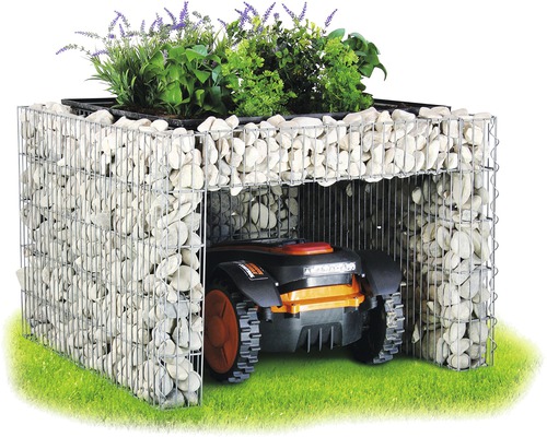 Garage pour robot tondeuse en gabions avec plantes