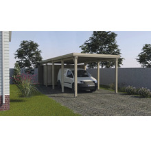 Freistehender Holz Carport mit Flachdach und integriertem Geräteraum im Garten, mit weissem Lieferwagen unter dem Dach.