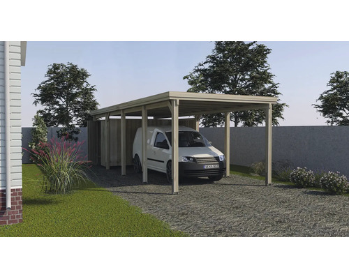 Freistehender Holz Carport mit Flachdach und integriertem Geräteraum im Garten, mit weissem Lieferwagen unter dem Dach.