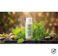 Concentré pour sauna Weka Menthe Marocaine dans un flacon avec des feuilles de menthe fraîches et de la vapeur sur une base en pierre. (Image AI modified or generated)