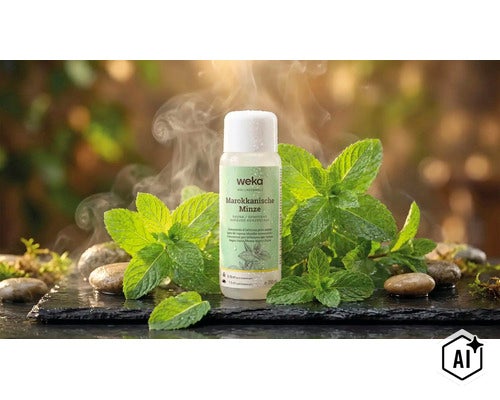 Concentré pour sauna Weka Menthe Marocaine dans un flacon avec des feuilles de menthe fraîches et de la vapeur sur une base en pierre. (Image AI modified or generated)