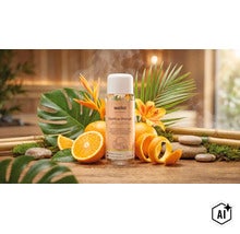 Concentré pour sauna Weka Exotica Orange dans un flacon de 250 millilitres décoré d'oranges et de plantes tropicales. (Image AI modified or generated)