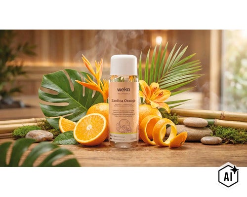 Concentré pour sauna Weka Exotica Orange dans un flacon de 250 millilitres décoré d'oranges et de plantes tropicales. (Image AI modified or generated)