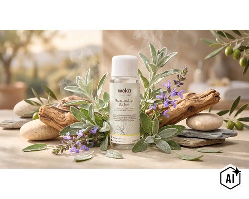 Concentré pour sauna Weka Sauge espagnole en flacon de 250 millilitres décoré de feuilles de sauge, de fleurs, de bois et de pierres. (Image AI modified or generated)