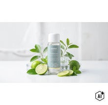 Weka Eislimone Sauna Aufguss Konzentrat in einer 250 Milliliter Flasche dekoriert mit Limetten und Eiswürfeln. (Image AI modified or generated)