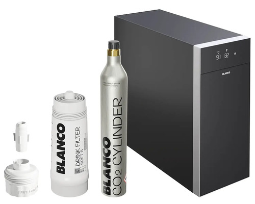 Système d eau Blanco avec cartouche filtrante, cylindre CO2 et unité de contrôle pour robinetterie.