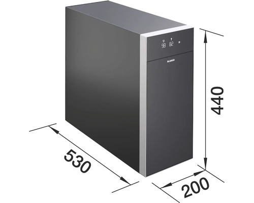 Système de traitement d'eau Blanco avec dimensions 440 par 530 par 200 millimètres et logo Blanco.