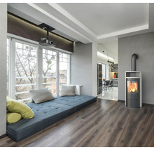 Séjour moderne avec poêle, grande baie vitrée avec espace salon et vue sur la cuisine attenante.