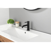 Mitigeur de lavabo noir moderne sur un lavabo blanc dans une salle de bain avec plante d intérieur et bougie.