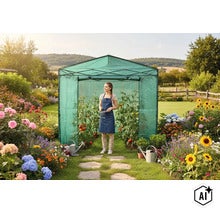 Eine Frau steht in einem Foliengewächshaus in einem blühenden Garten mit Tomatenpflanzen und Gießkannen. (Image AI modified or generated)